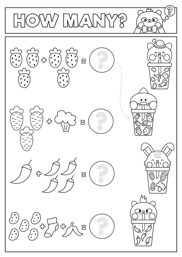 nero e bianca accoppiamento gioco con carino kawaii frutta, verdure bevande. matematica attività per prescolastico bambini. stampabile conteggio foglio di lavoro o colorazione pagina con cartone animato animali potabile bolla tè vettore