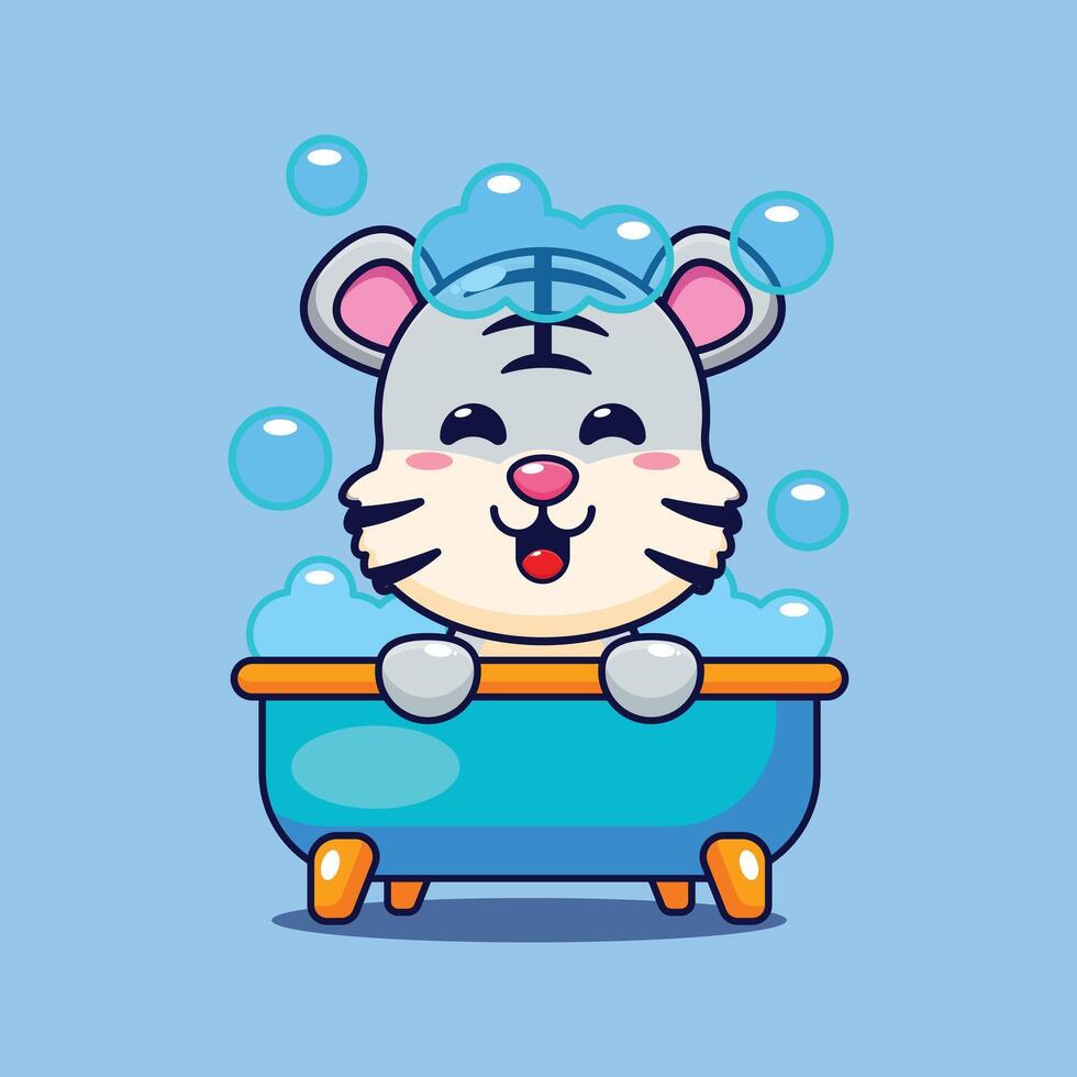 bianca tigre assunzione bolla bagno nel vasca da bagno cartone animato vettore illustrazione.