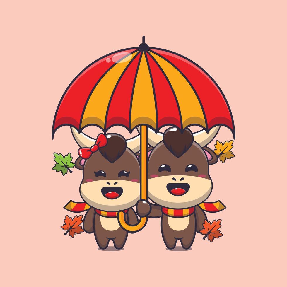 carino coppia Toro con ombrello a autunno stagione. vettore