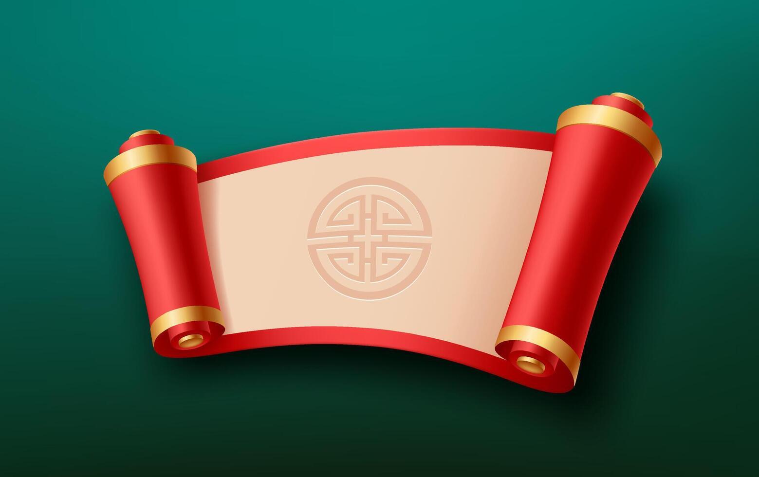 rosso e oro, crema carta antico pergamene Cinese disegno, orizzontale curva realistico design su verde sfondo, eps 10 vettore illustrazione