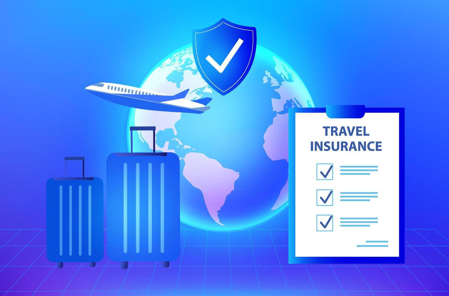 viaggio assicurazione concetto. viaggio assicurazione politica con aereo, bagaglio e protezione scudo su smartphone vettore illustrazione