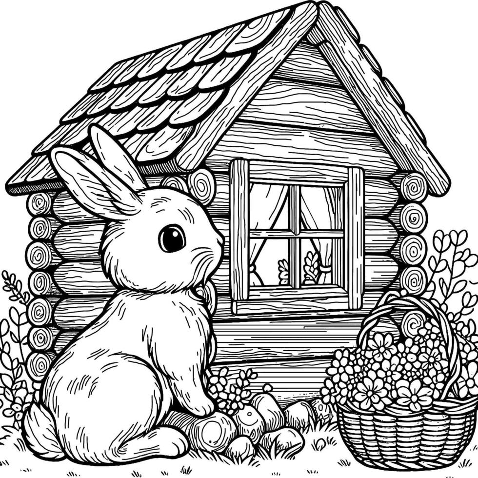 colorazione pagina di Pasqua coniglio guardare su di il finestra di il suo piccolo log capanna con fiore nel bianca sfondo vettore