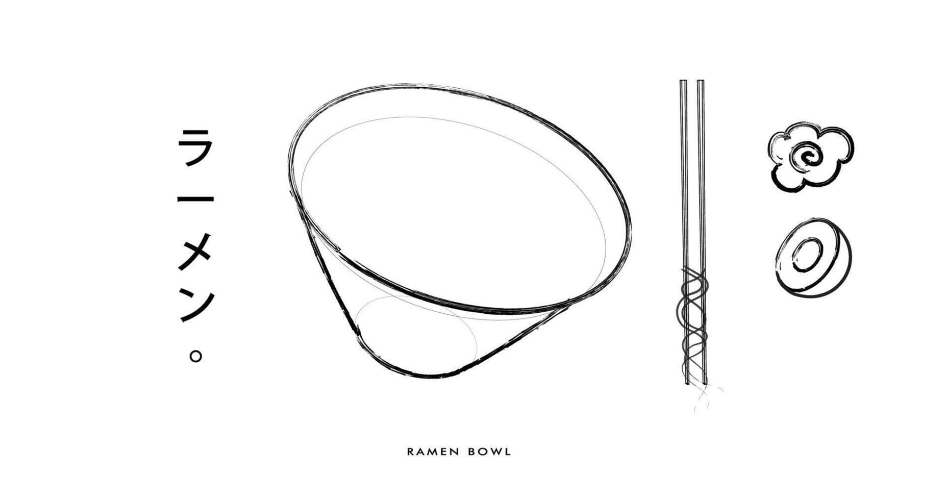 mano disegnato illustrazione di un' ramen ciotola completare con bastoncini e ramen condimenti vettore