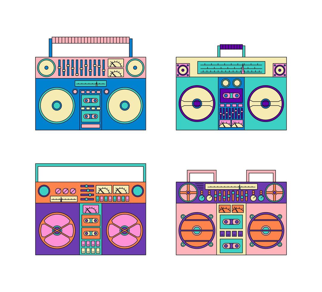 cartone animato colore diverso Boombox icona impostare. vettore