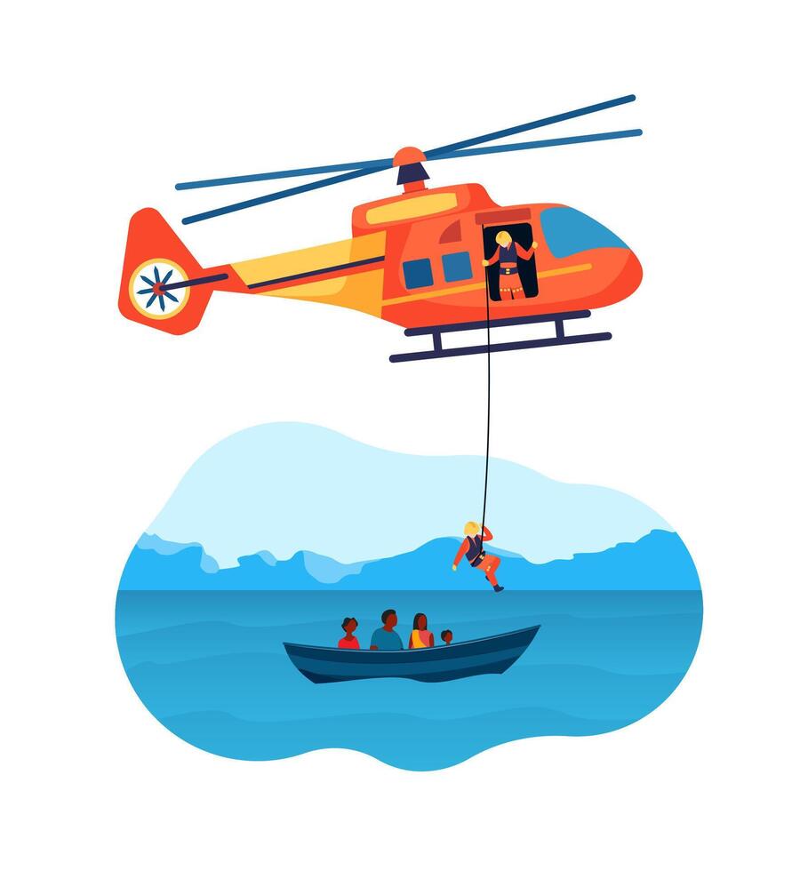 cartone animato colore salvare elicottero e barca profughi. vettore