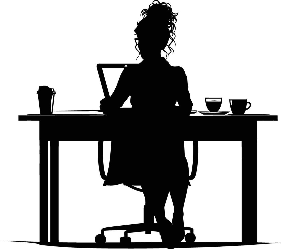 ai generato silhouette ufficio scrivania con il computer portatile e caffè con donne Lavorando dentro vettore