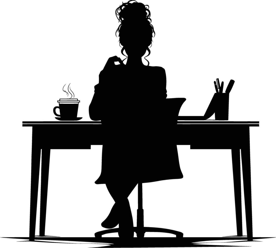 ai generato silhouette ufficio scrivania con il computer portatile e caffè con donne Lavorando dentro vettore