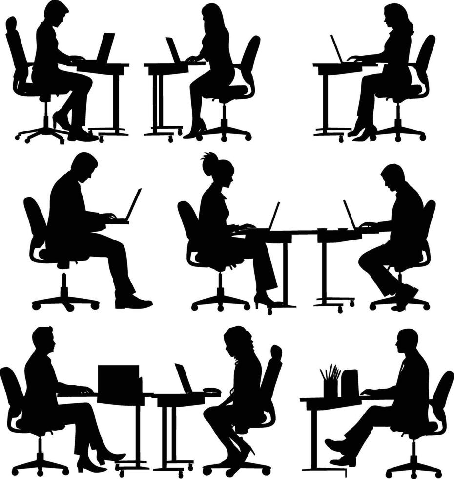 ai generato silhouette ufficio scrivania con il computer portatile persone opera dentro vettore