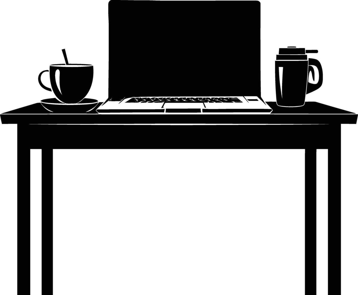 ai generato silhouette ufficio scrivania con il computer portatile e caffè vettore
