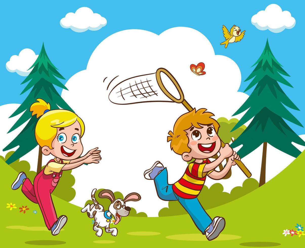 contento bambini giocando e attraente insetti a il parco.felice bambini. bambini giocare nel prato. scuola estate giorno.primavera vacanza. vettore