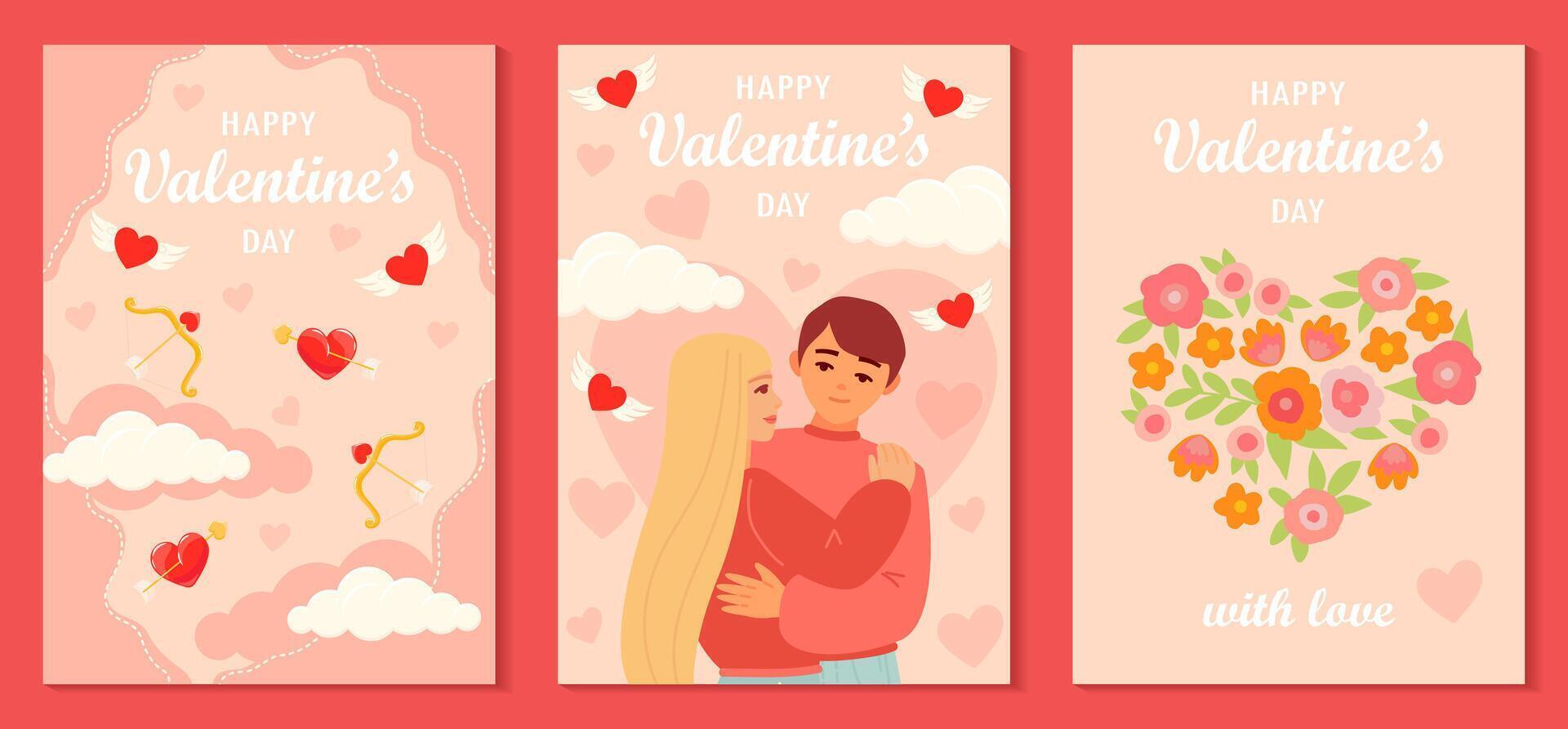 impostato di San Valentino giorno saluto carte con bellissimo coppia di donna e uomo abbracciando, fiori cuore e Cupido freccia. cartone animato illustrazione di persone incontri e nel amore vettore
