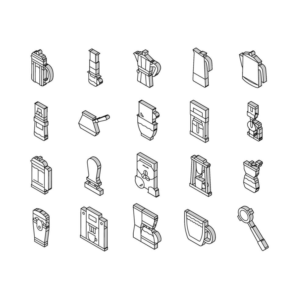 caffè rendere macchina e accessorio isometrico icone impostato vettore