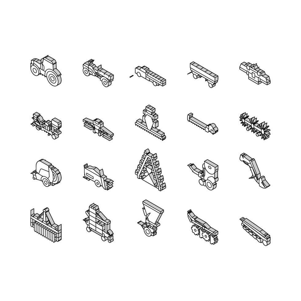 azienda agricola attrezzatura e trasporto isometrico icone impostato vettore