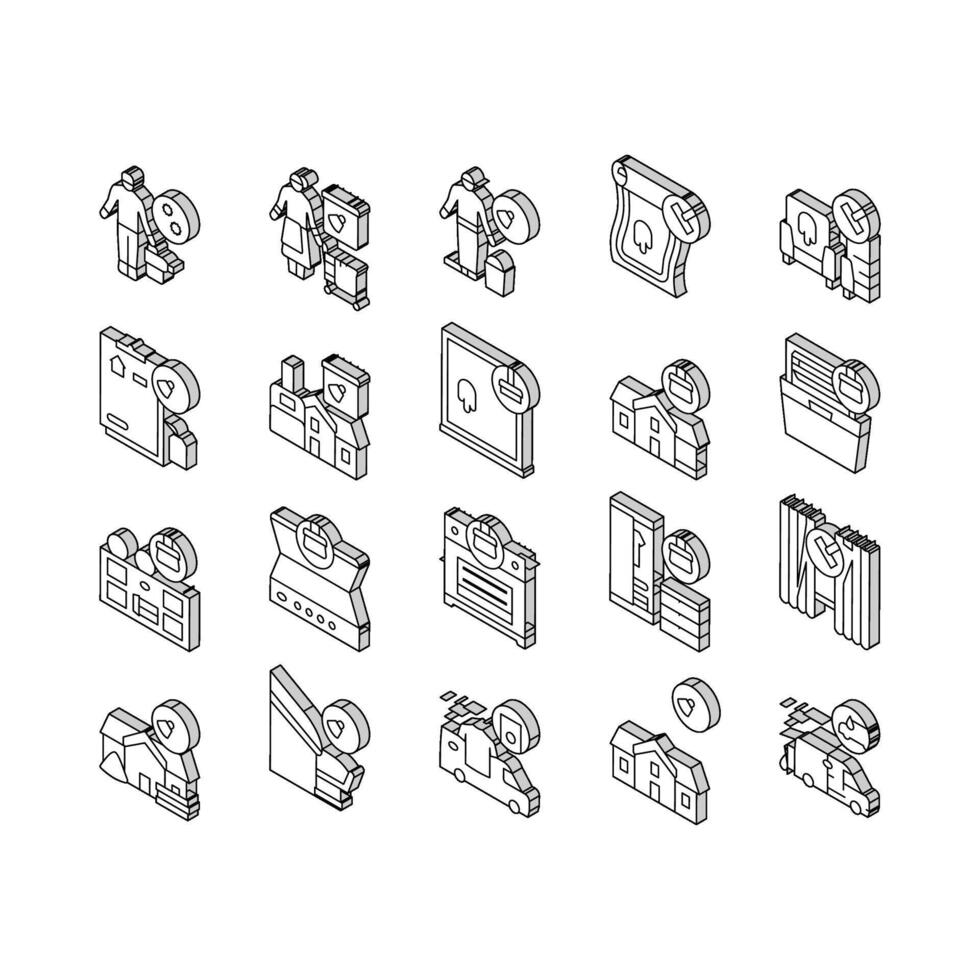pulizia edificio e attrezzatura isometrico icone impostato vettore