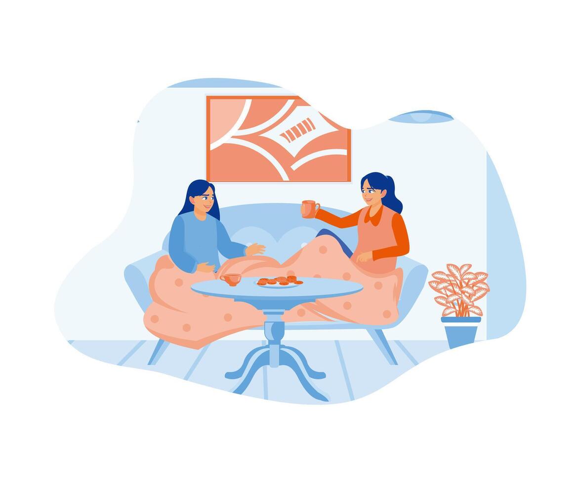 Due giovane donne seduta su il divano con coperte a loro piedi ridere, godendo il Casa nel inverno mentre potabile tè con torte. sorridente donna amici potabile tè a casa. vettore
