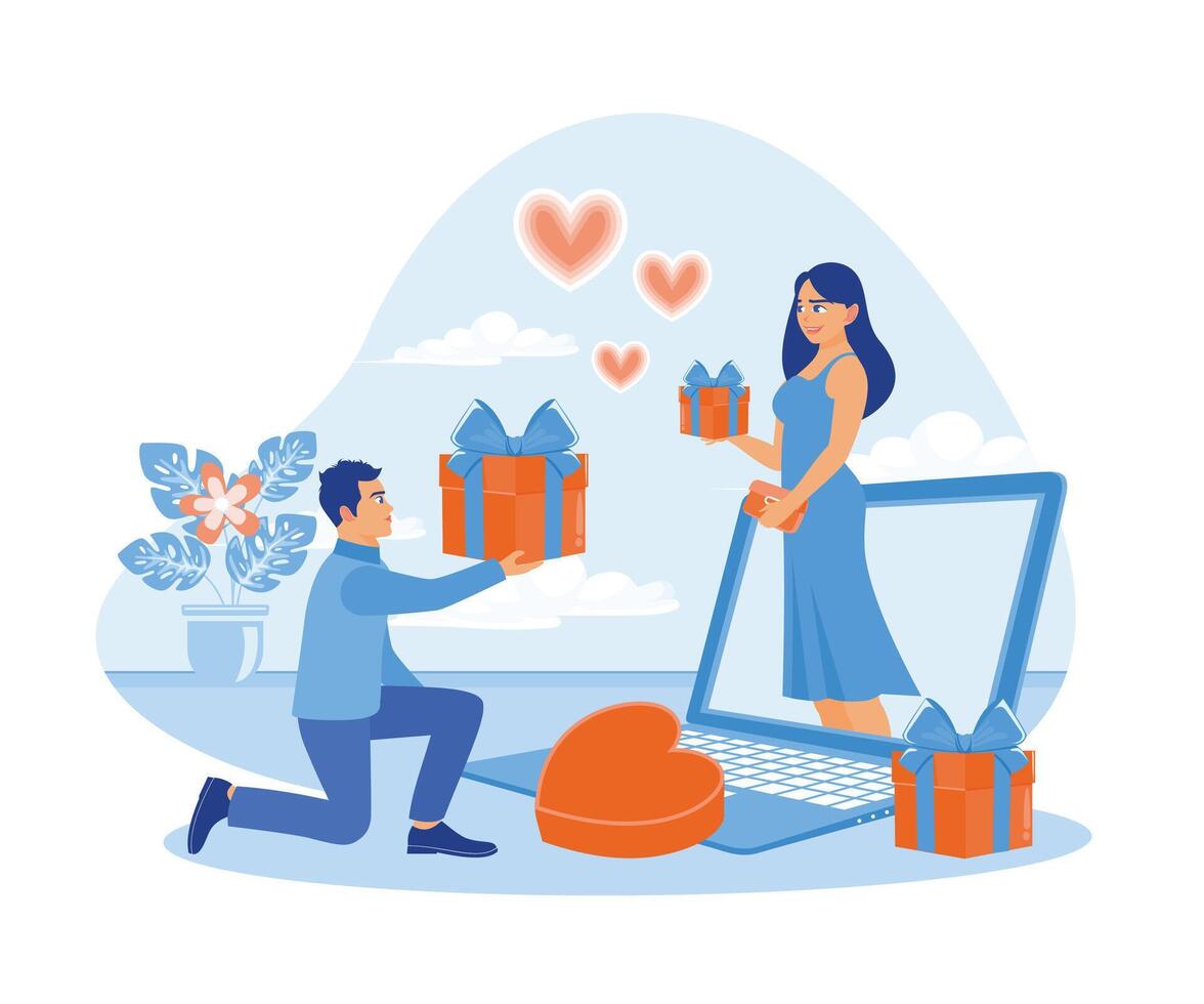 giovane coppie celebrare San Valentino in linea. essi mostrare ogni altro i regali durante un' video chiamata su un' il computer portatile schermo. virtuale relazioni concetto. piatto vettore illustrazione.