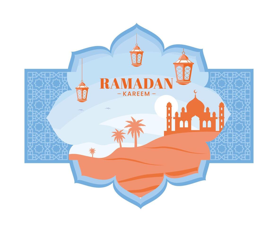 moschea con un' allungare di sabbia e Data palma alberi. lanterne siamo Usato per decorazione nel il mese di Ramadan. Ramadan kareem concetto. piatto vettore moderno illustrazione.