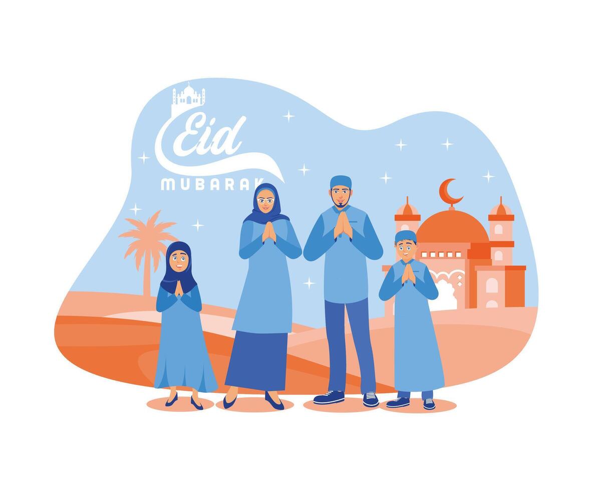 musulmano famiglia auguri voi un' contento eid. celebrare eid al Fitr felicemente. contento eid mubarak concetto. piatto vettore moderno illustrazione