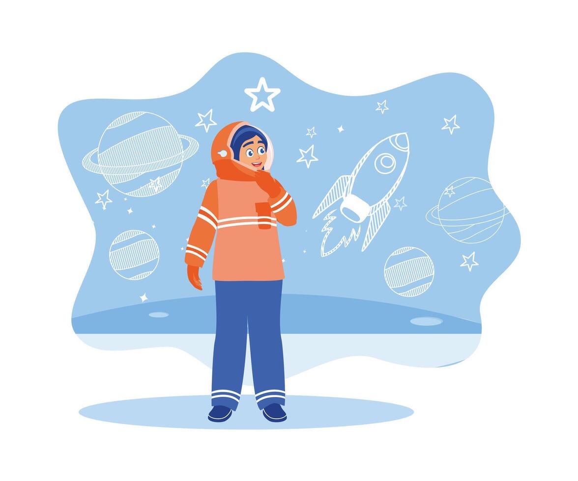 ragazze immaginare essere astronauti. un' poco ragazza indossare un astronauta costume mentre giocando. bambini concetto. piatto vettore illustrazione.