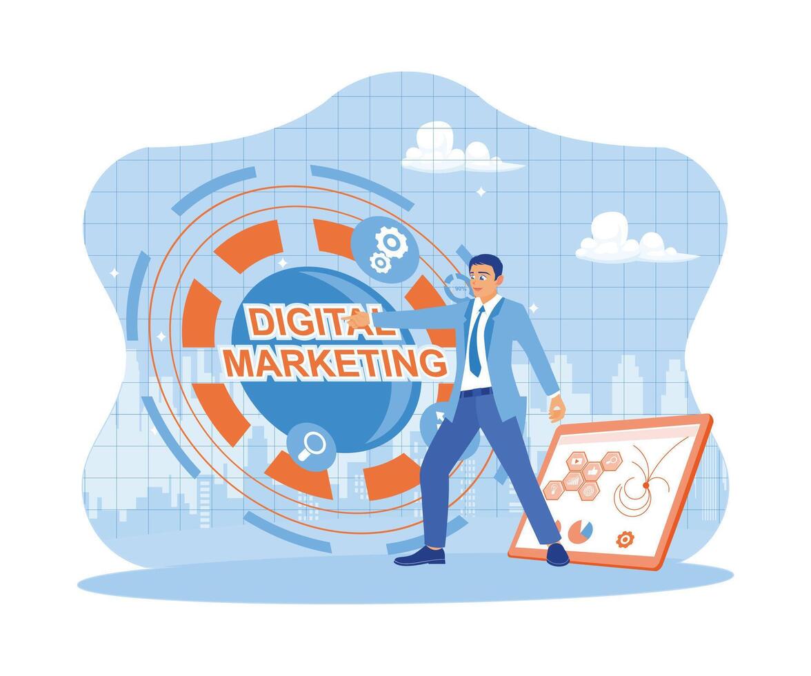 imprenditori ottimizzare in linea pubblicità, seo, sem, e SMM su sociale media. Ottimizzare attività commerciale strategie per Ottimizzare attività commerciale marketing. digitale marketing networking su moderno interfaccia concetto. vettore