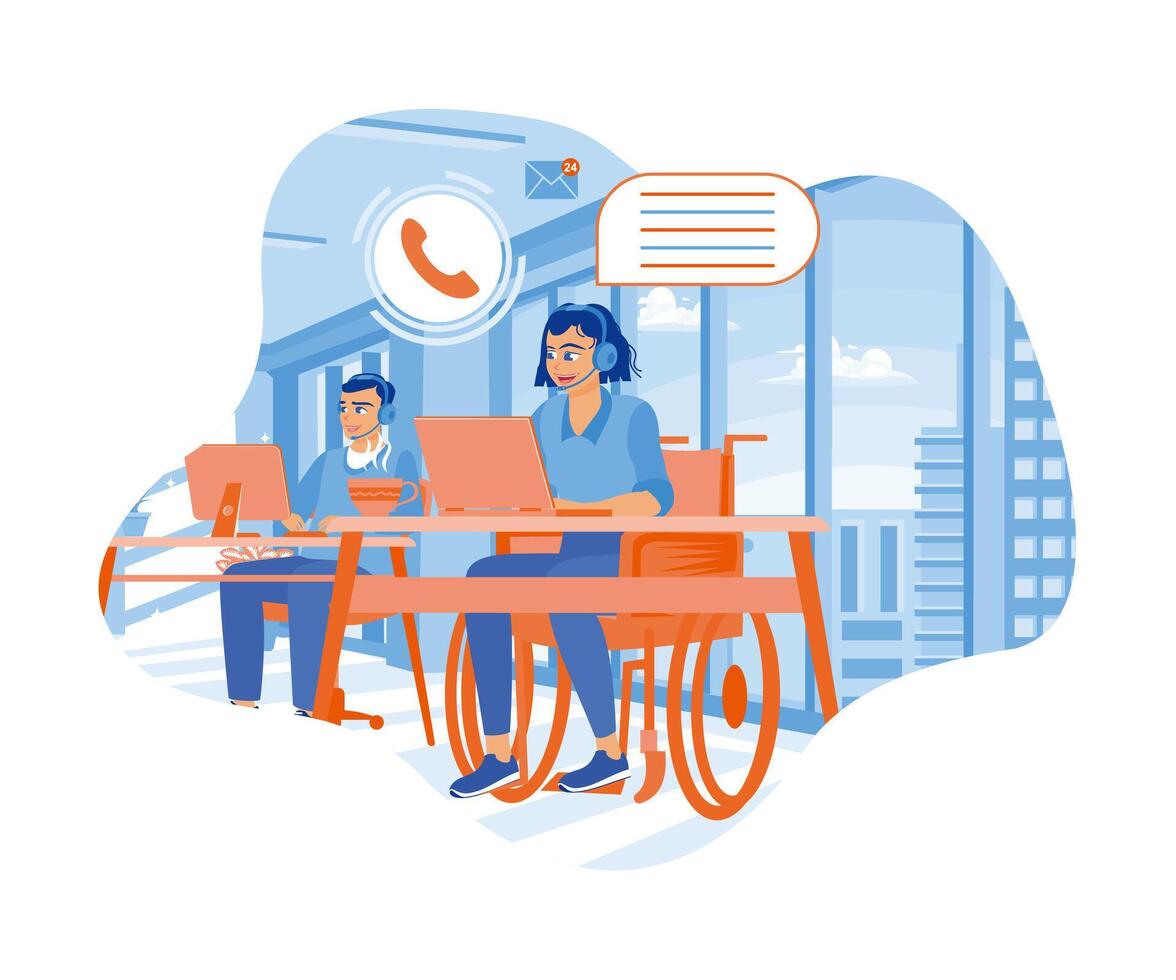 Disabilitato donna Lavorando nel un' chiamata centro ufficio. consulenza clienti nel un' accessibile ai disabili ufficio. donna con Telefono chiamata per cliente supporto servizio concetto. piatto vettore illustrazione.