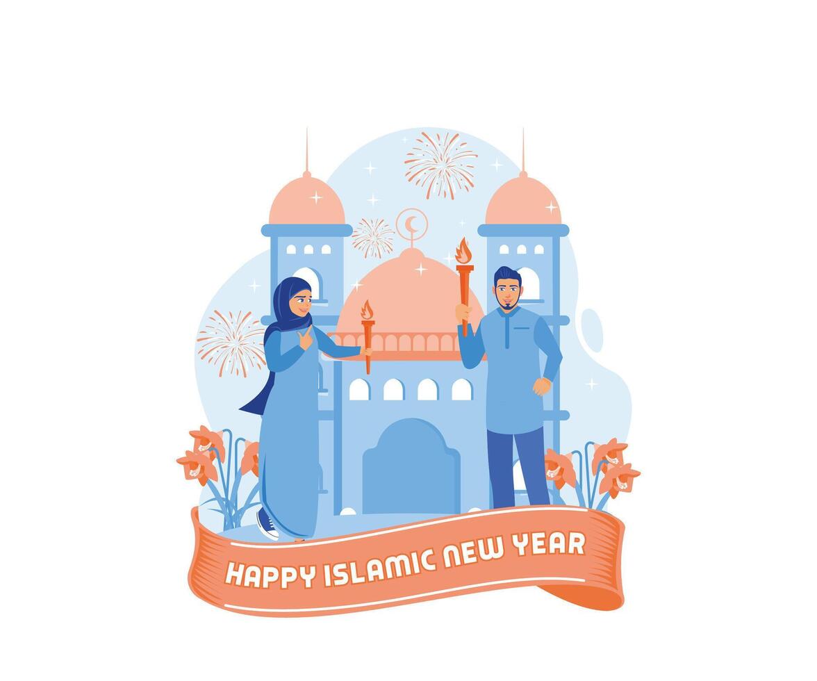 I musulmani celebrare il islamico nuovo anno di Tenere un' torcia parata insieme. 1 Muharram islamico nuovo anno. Ramadan kareem concetto. piatto vettore illustrazione.