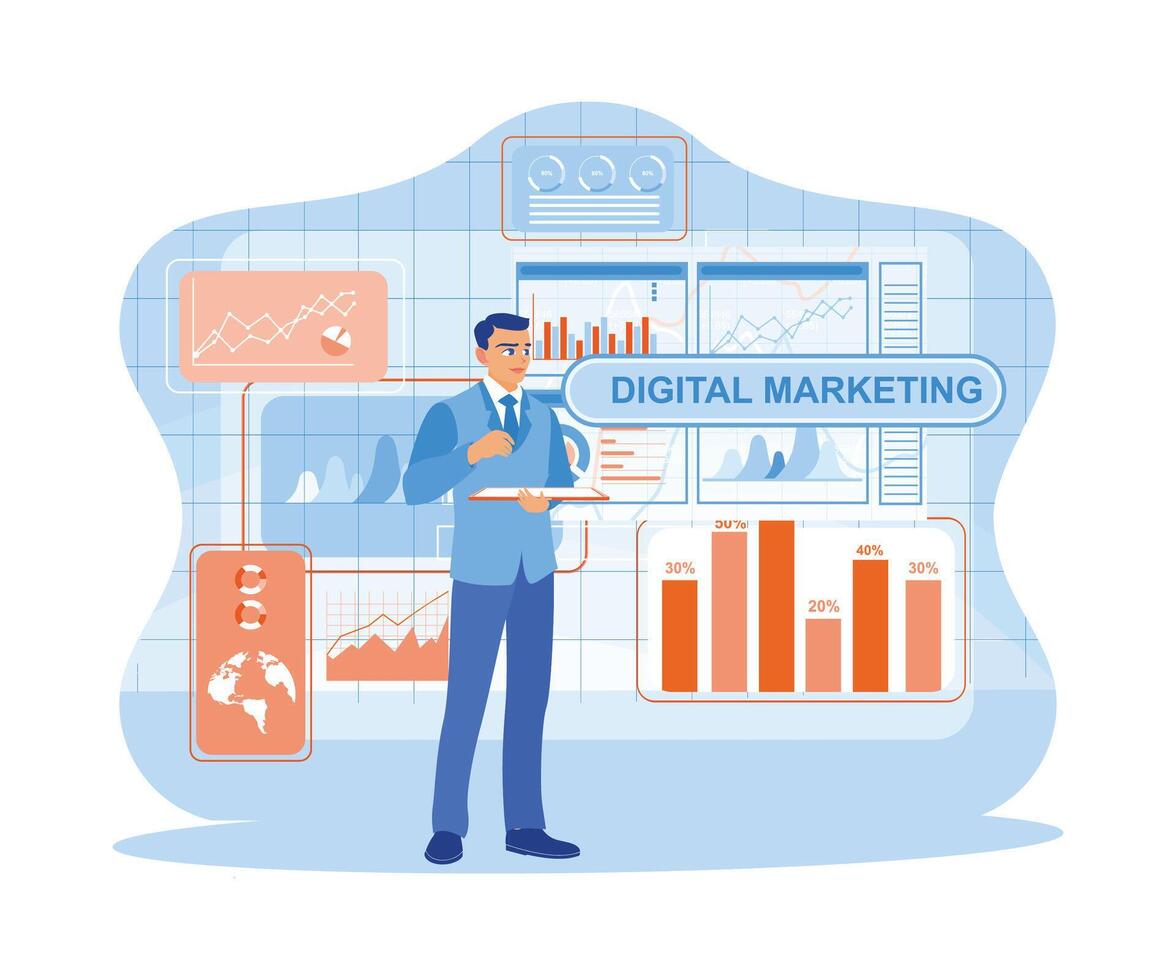 digitale marketing con un' uomo d'affari utilizzando un' computer e tavoletta. digitale marketing media concetto. tendenza piatto vettore moderno illustrazione
