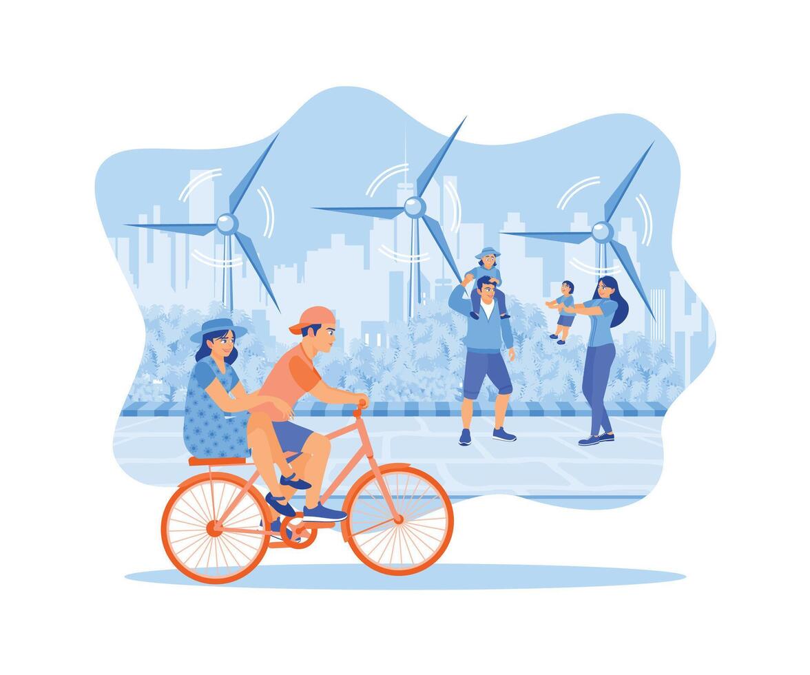 eco-friendly città. un' giovane coppia cavalcate un' bicicletta, e un' famiglia giochi nel un' città parco. sostenibile economico crescita con rinnovabile energia e naturale risorse concetto. piatto vettore illustrazione.