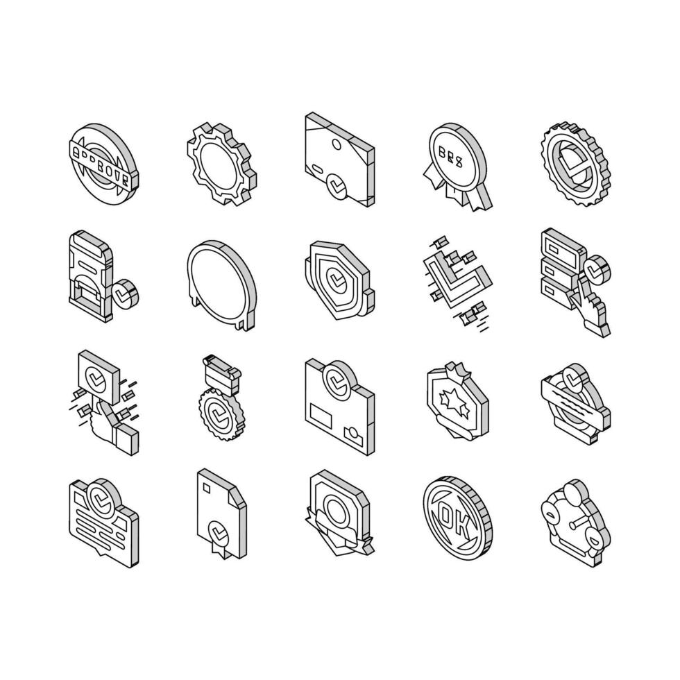 qualità approvare marchio e medaglia isometrico icone impostato vettore