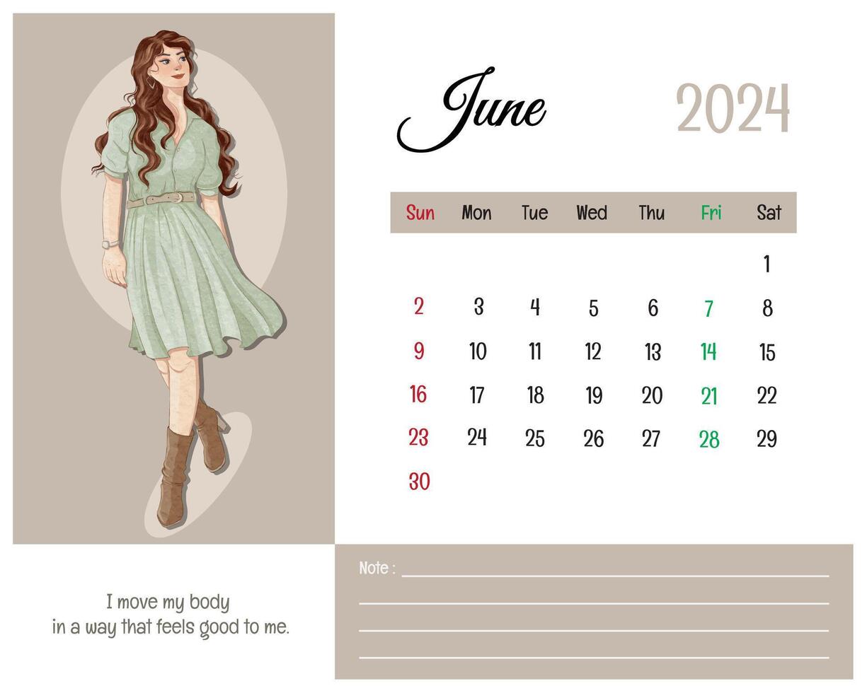 stampabile calendario giugno 2024 con ragazza illustrazione e affermazioni per se stesso vettore