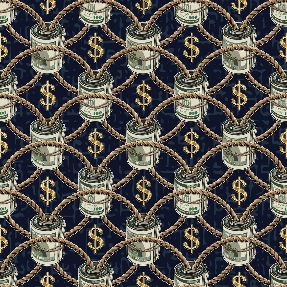 senza soluzione di continuità geometrico modello con dollaro cartello, i soldi rotoli di 100 dollari fatture collegato di iuta corda. intricato pizzo ornamento su buio blu strutturato sfondo. vettore