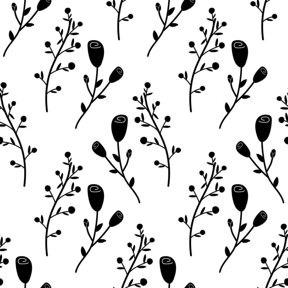 senza soluzione di continuità floreale primavera fiori sagome nero bianca. vettore illustrazione. per il tuo disegno, involucro carta, tessuto.