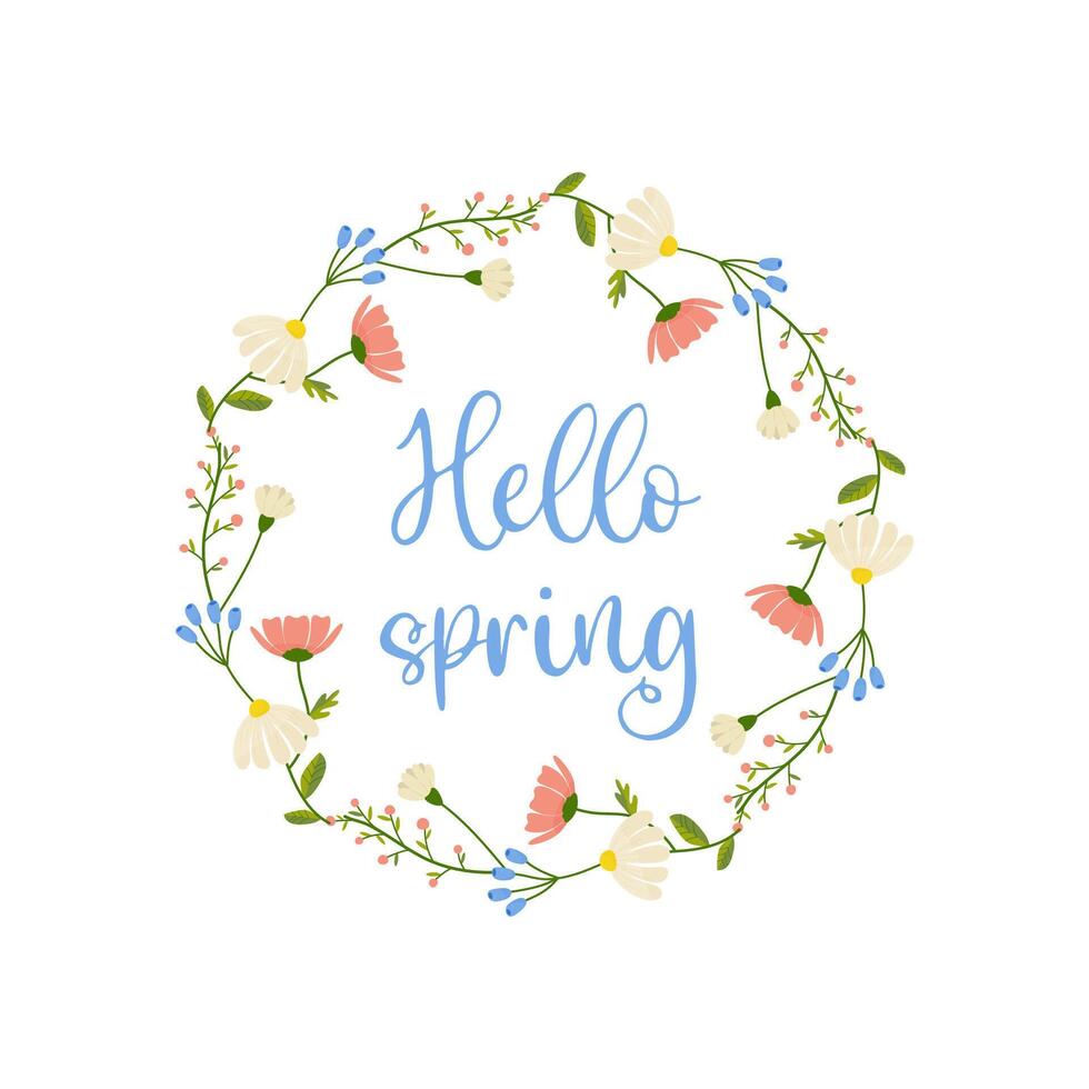 Ciao primavera,blu sfondo, cornice colori bianca isolato sfondo. vettore illustrazione