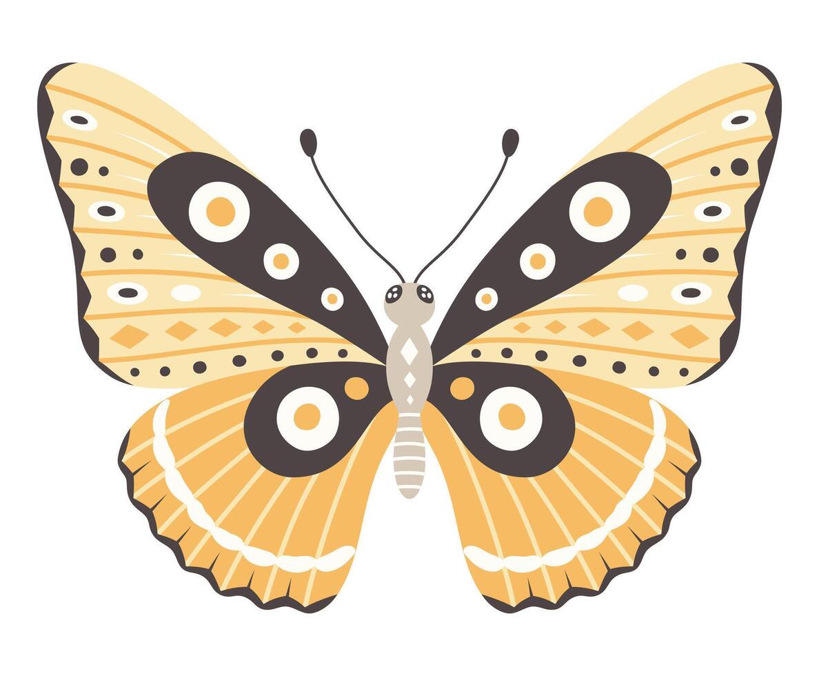 farfalla vettore illustrazione. colorato giallo Ali con puntini ornamento, davanti Visualizza, un' simbolo per tatuaggio design. estate sfondo, volare insetto