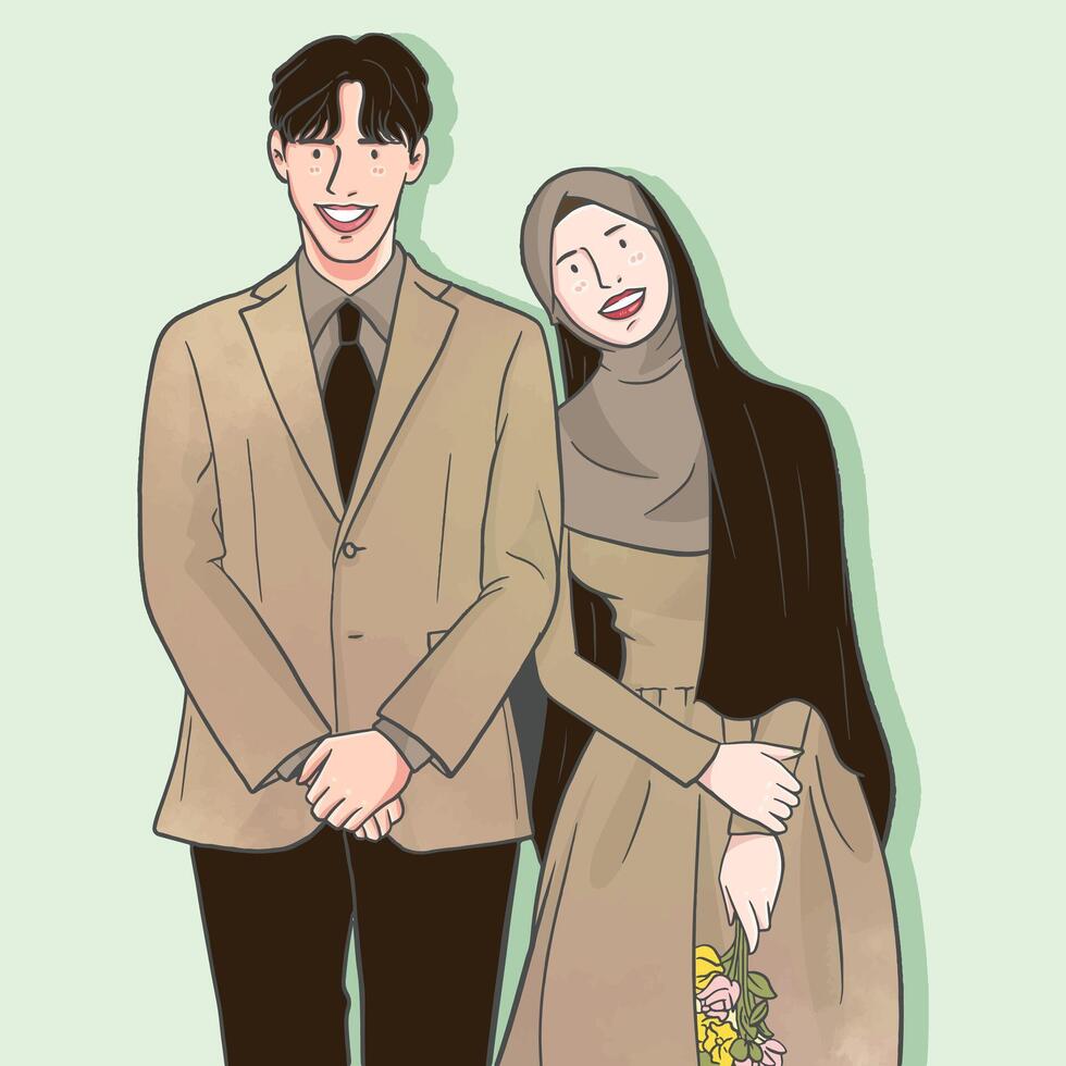 carino personaggio vettore illustrazione di un' sposato coppia indossare un' hijab ispirando un' musulmano coppia