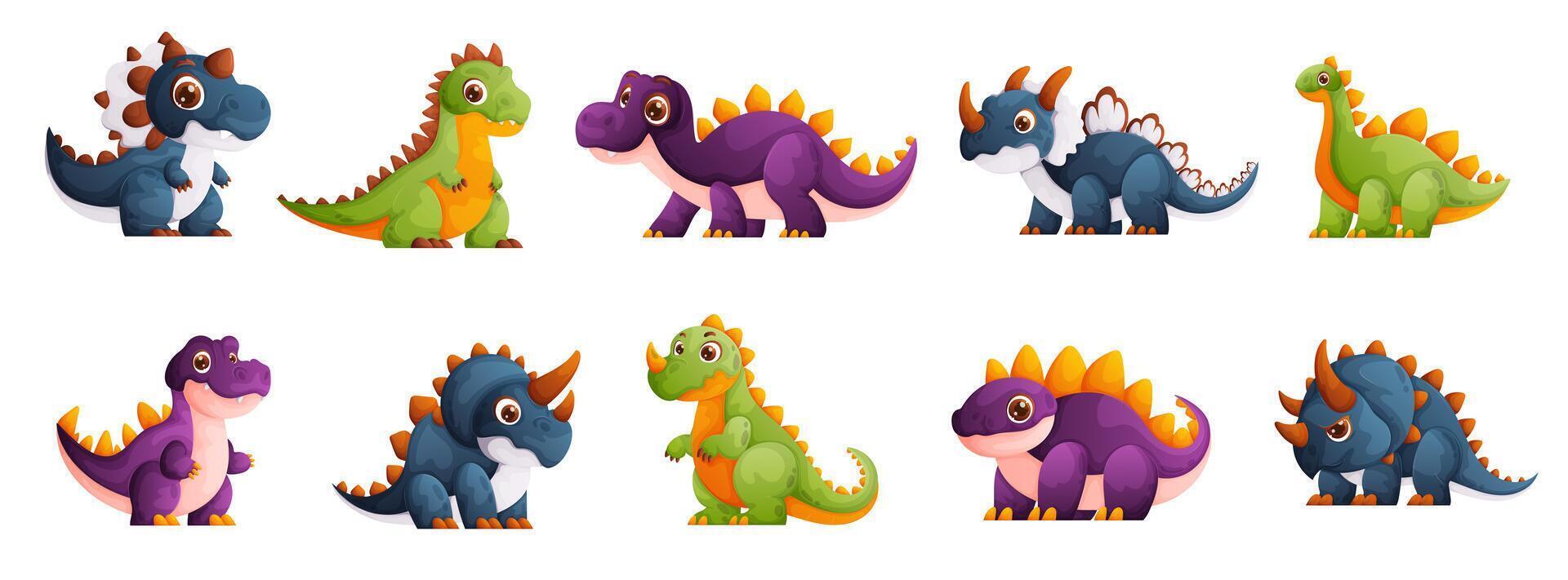 impostato di piccolo dinosauri nel verde, blu e viola. antico abitanti di il terra. carino dinosauri di diverso tipi. cartone animato stile, vettore illustrazione.