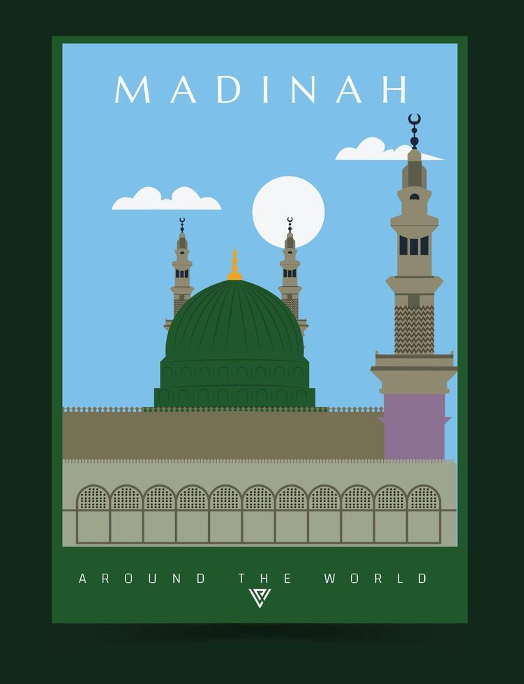 madinah città manifesto illustrazione. in giro il mondo, paesaggio urbano e orizzonte Vintage ▾ manifesto arte di madinah città con Masjid e nawabi. vettore