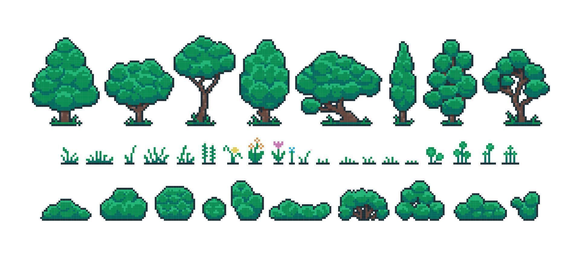 pixel foresta impostare. retrò 8 po video gioco ui elementi, alberi cespugli e erba folletto bene, sfondo paesaggio oggetti. vettore isolato collezione