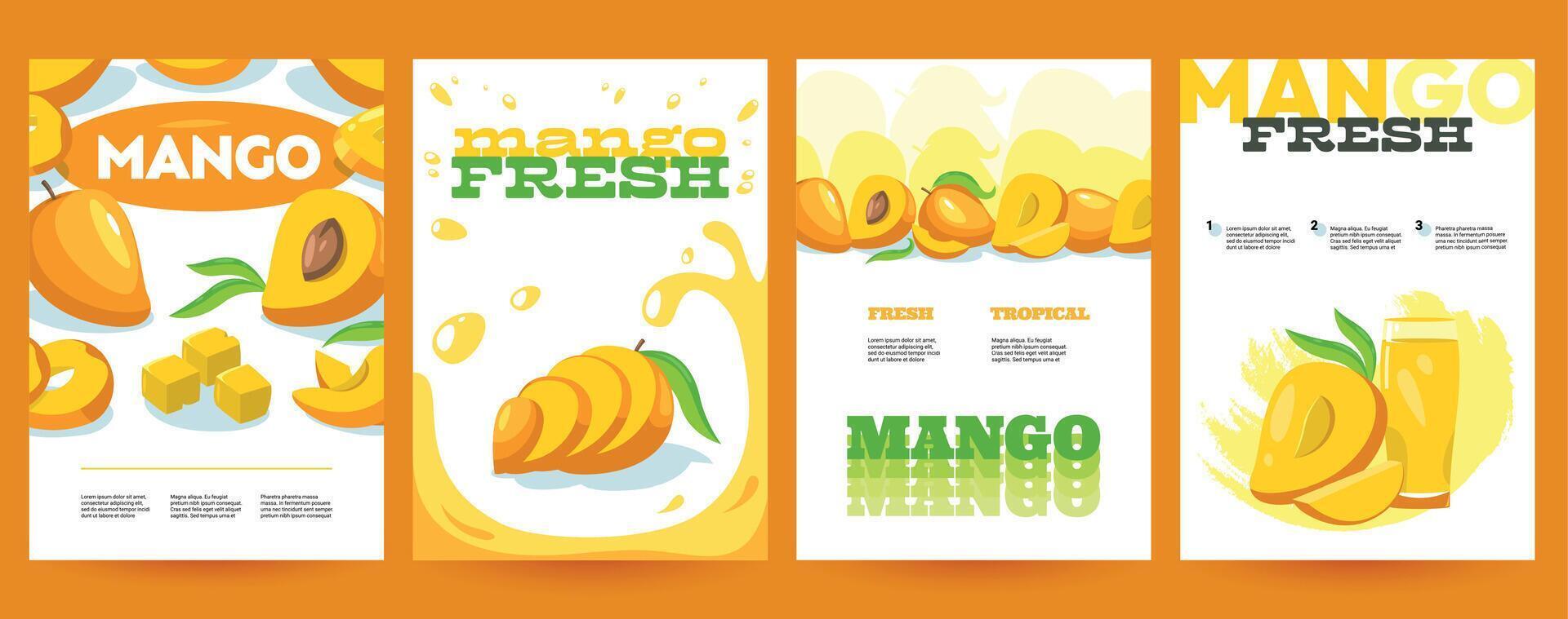 Mango manifesti. tropicale dolce maturo frutta con testo e logo, cartone animato biologico dieta volantini con vegetariano dieta informazione. vettore isolato impostato