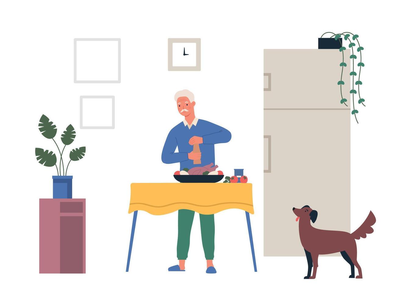 anziano persona cucinando a casa. maschio personaggio salatura tacchino con verdure nel cucina interno. cane animale domestico guardare a cibo vettore