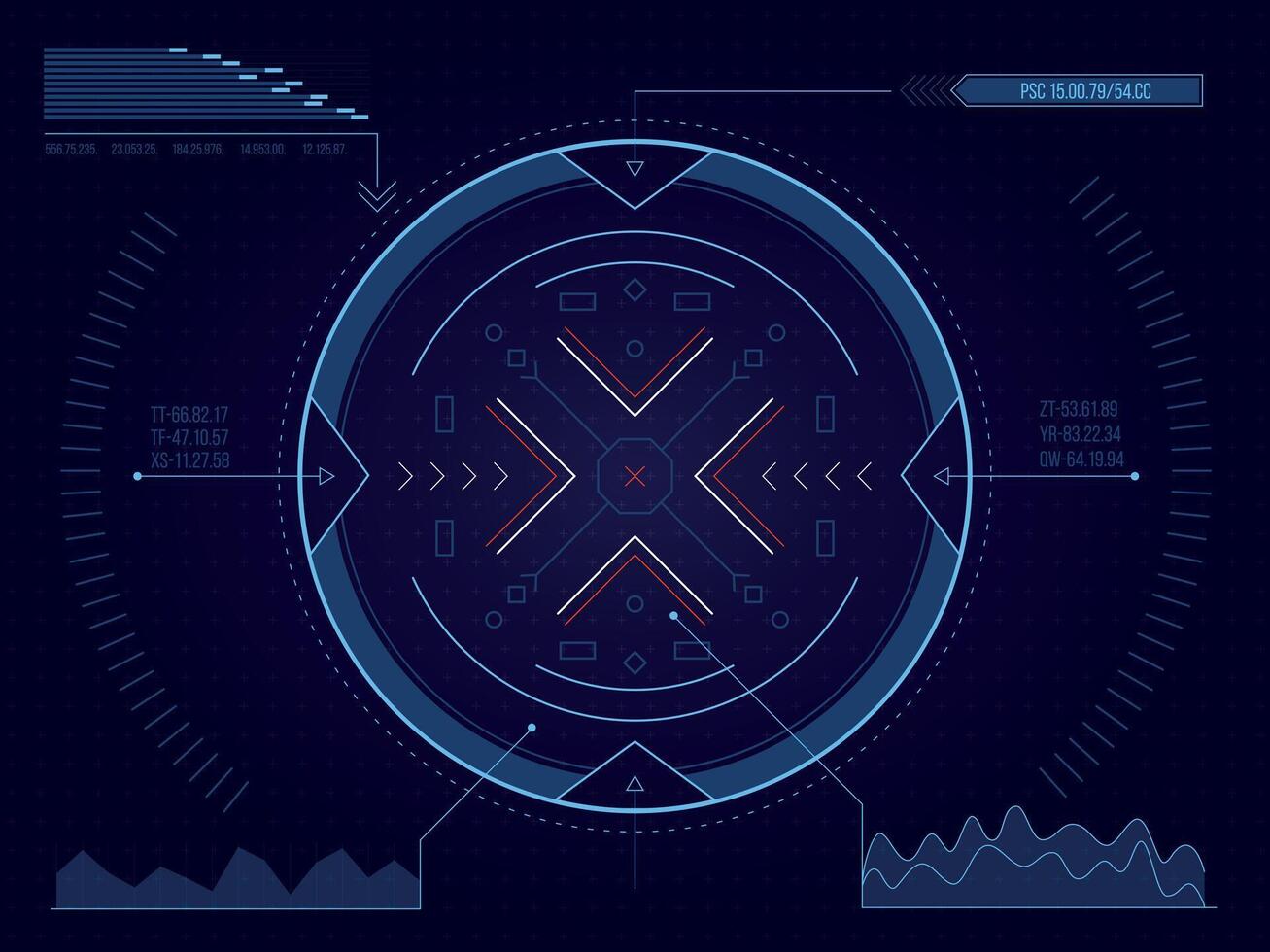 hud obbiettivo. futuristico gioco interfaccia inquadratura per bersaglio messa a fuoco, serratura e mirare, fantascienza tiratore gioco risorsa per collimatore scopo. vettore tecnologia ui illustrazione