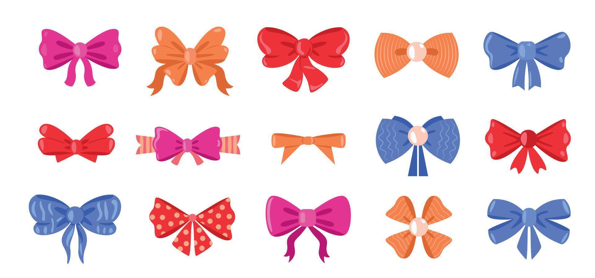 fiocchi con nastri. carino capelli bowknot e regalo pacchetto legato elementi, cartone animato colorato donna acconciatura accessorio diverso forme e trame. vettore impostato