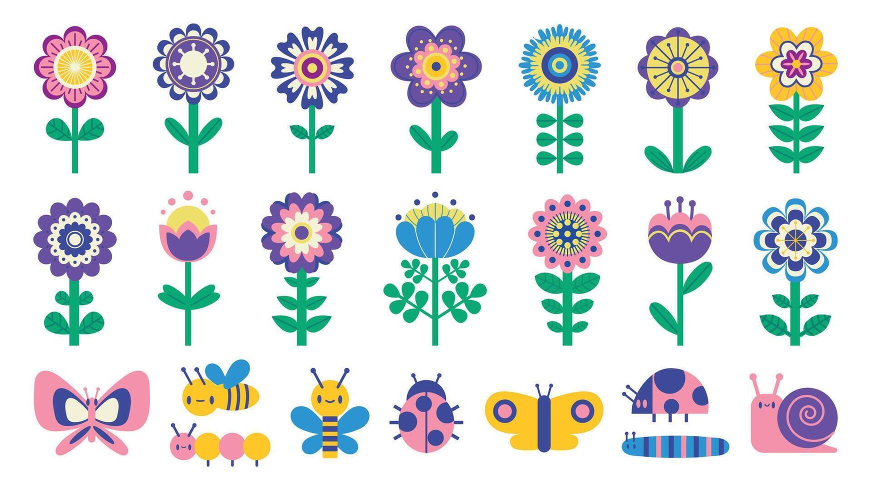 bambini fiori e farfalle. carino cartone animato semplice fiori e bug bambini illustrazione, primavera e estate giardino elementi clipart. vettore isolato impostato