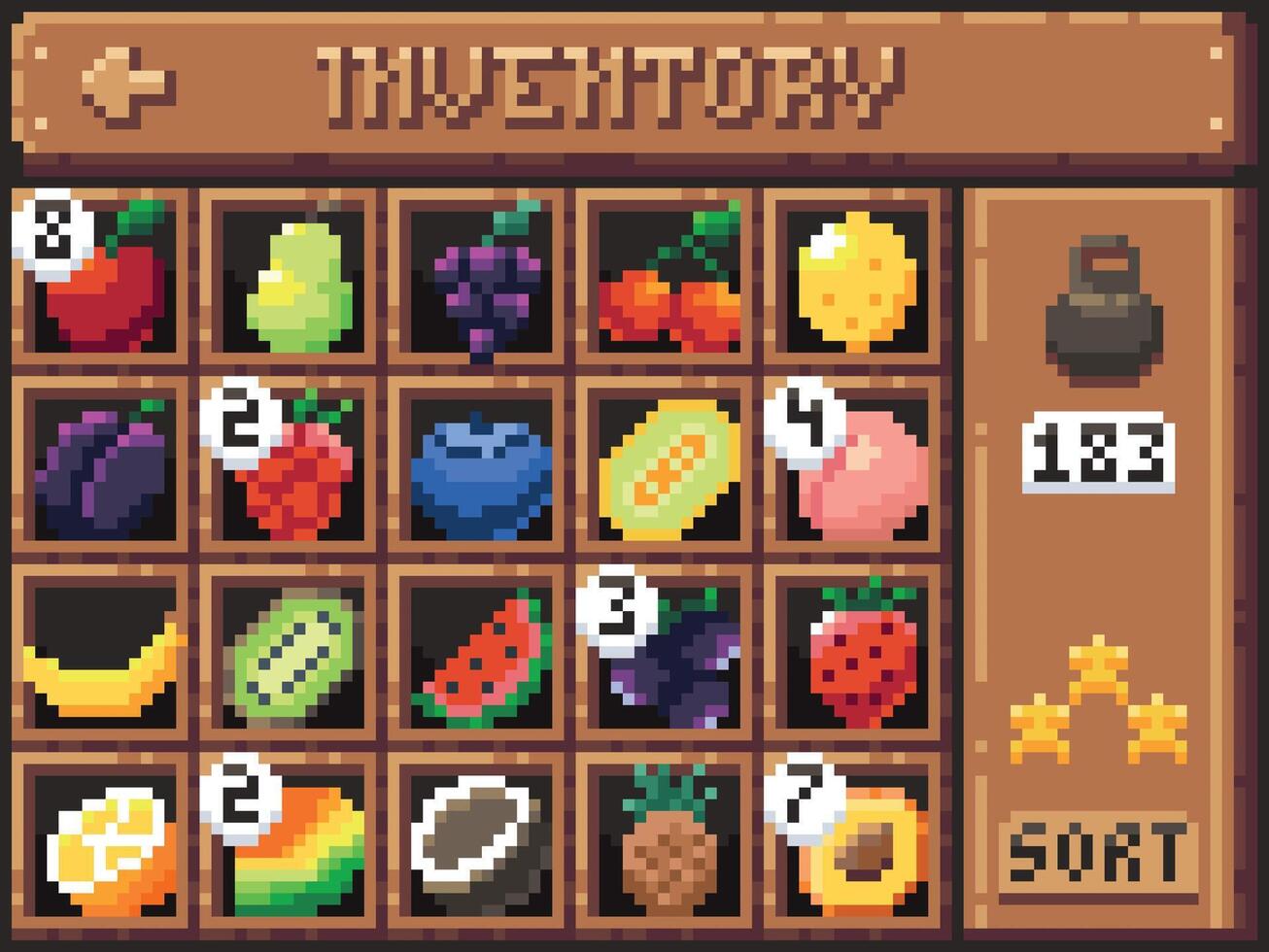 pixel frutta inventario. cartone animato gioco interfaccia schermo con frutta e frutti di bosco nel cellule e ui elementi, 8 bit 2d gioco folletto bene. vettore personaggio cibo collecti