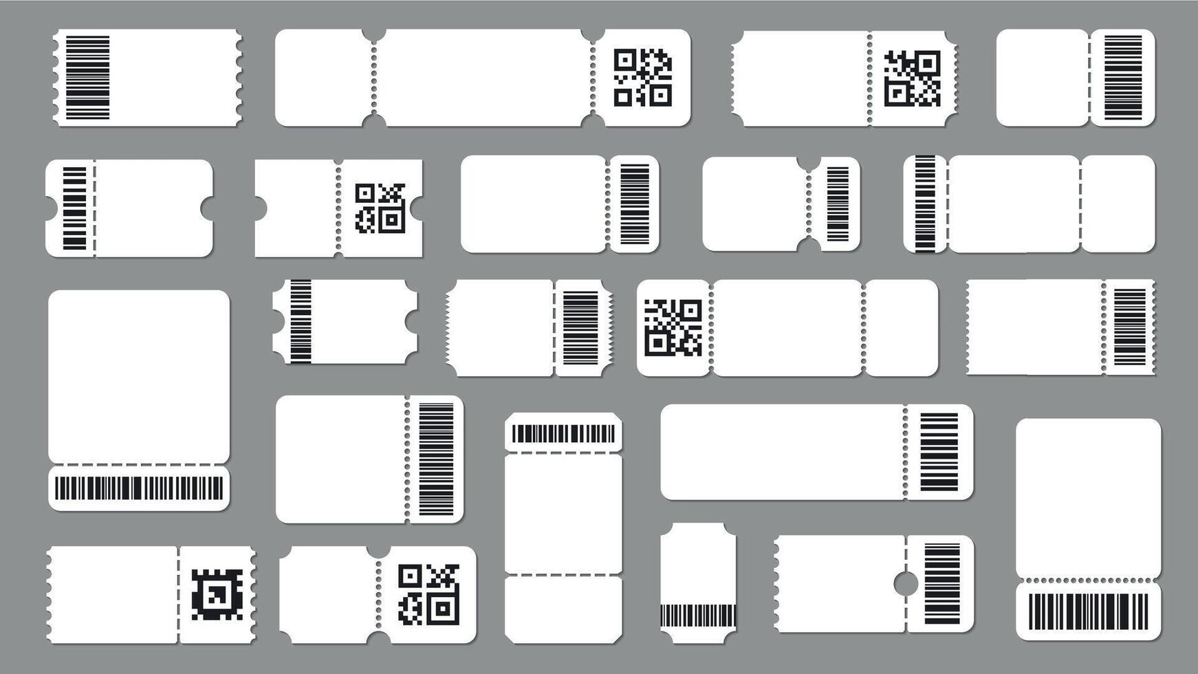 biglietto modello con codice. codice a barre etichetta con testo, mozzicone biglietto con qr codice e codice a barre. modello per evento biglietto vettore