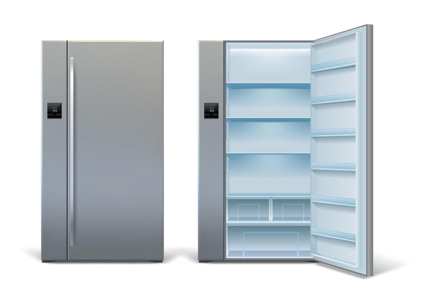realistico Aperto e chiuso moderno frigorifero modello con scaffali. vuoto largo frigo con sensore pannello. casa cucina frigorifero vettore impostato