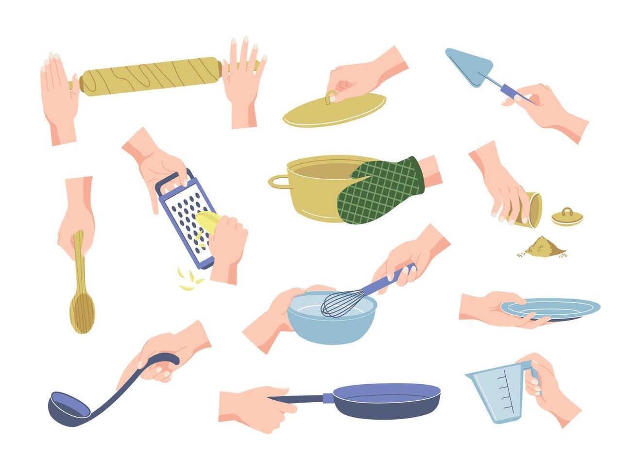 braccia cucinando cibo impostare. preparazione processi con femmina mani Tenere cucina Accessori e utensili. vettore utensili da cucina e culinario attrezzatura impostato