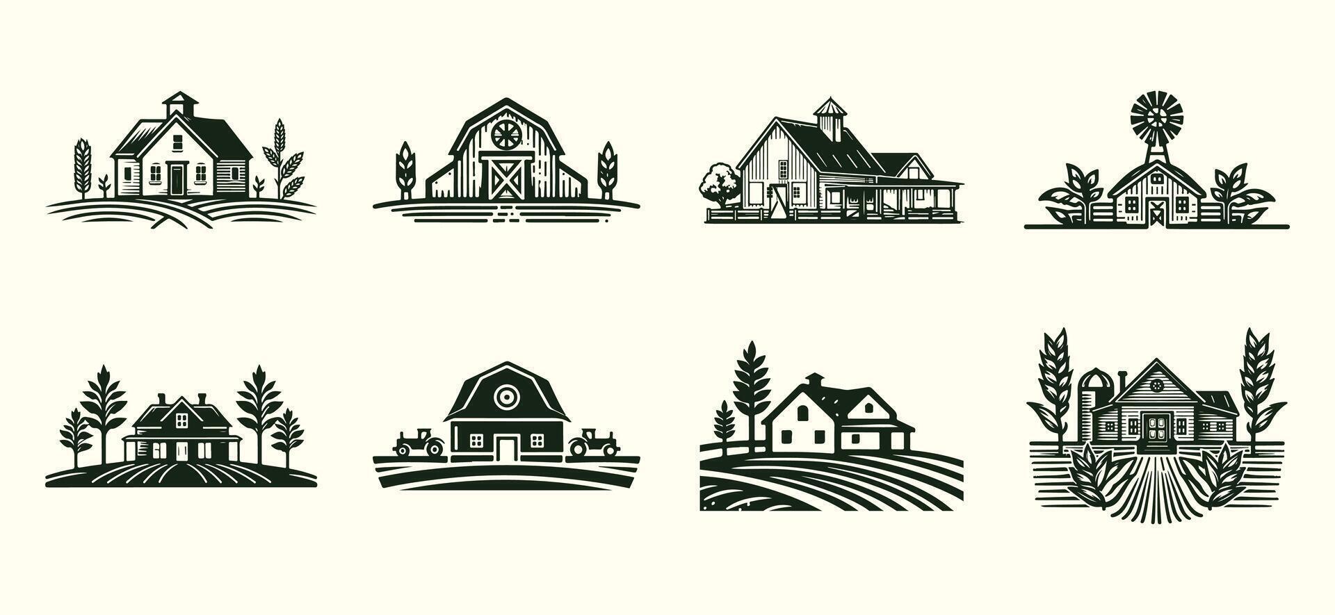 ai generato azienda agricola Casa agricolo logo impostare, retrò stile. logo di agriturismo piantagione paesaggio concetto, isolato su bianca sfondo. vettore illustrazione