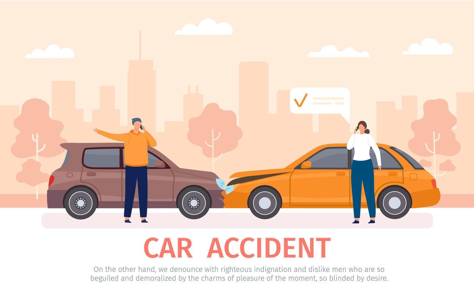 auto incidente. auto incidente con autisti con telefoni in piedi vicino veicoli e chiamata per assicurazione. danneggiato macchine su strada piatto vettore concetto