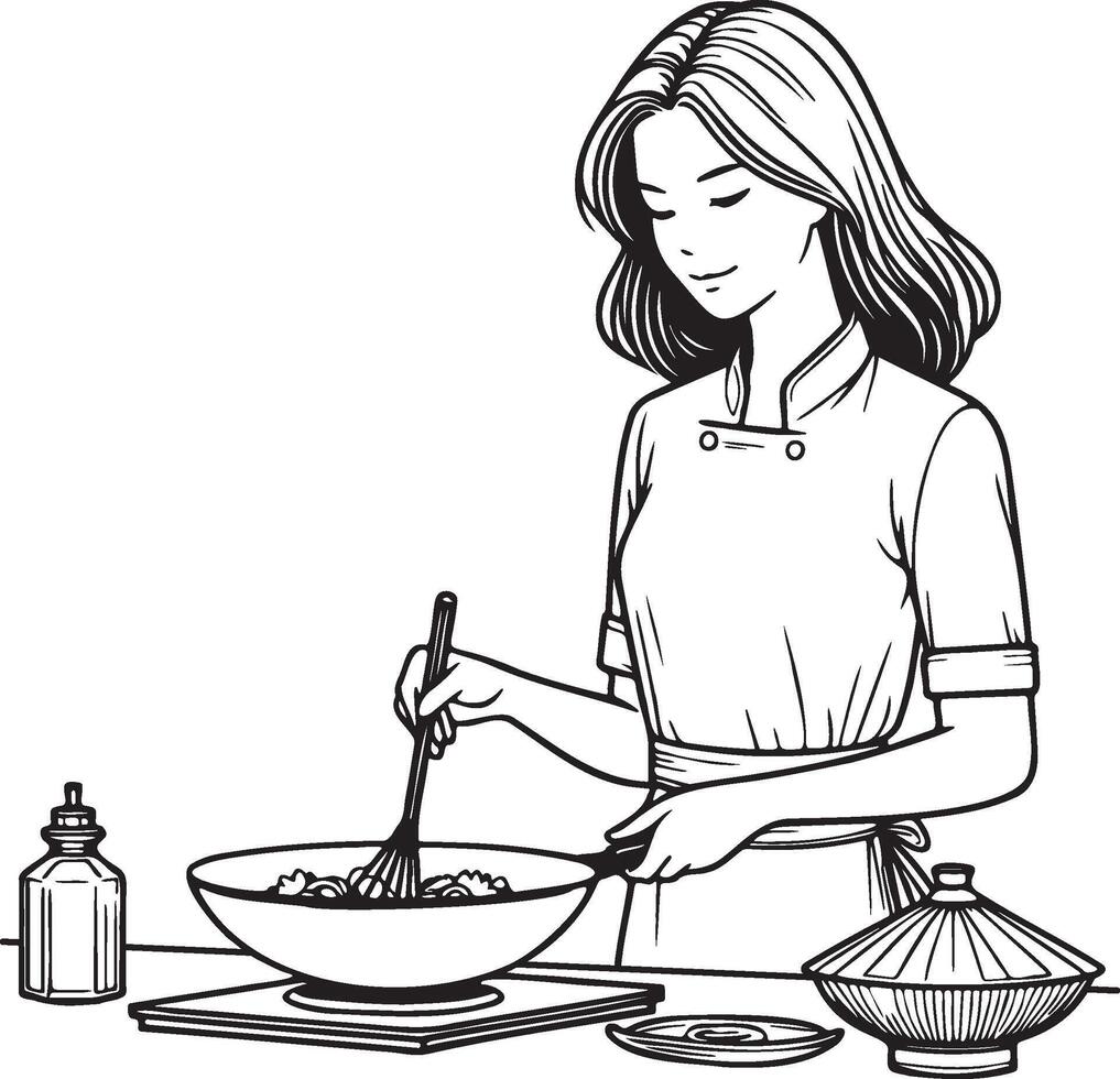 donna cucinando a casa disegno. vettore